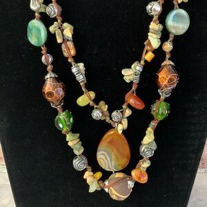 Jasper Agate Glass Abalone Wood Mixed Media Beaded Necklace